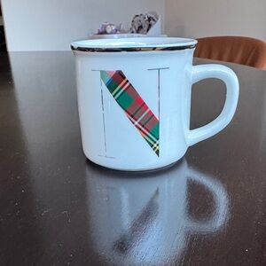 Pottery Barn White Mug with Plaid N Design